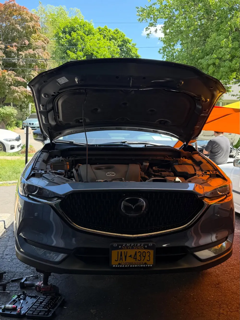 Mazda CX-5 in for service, hood open